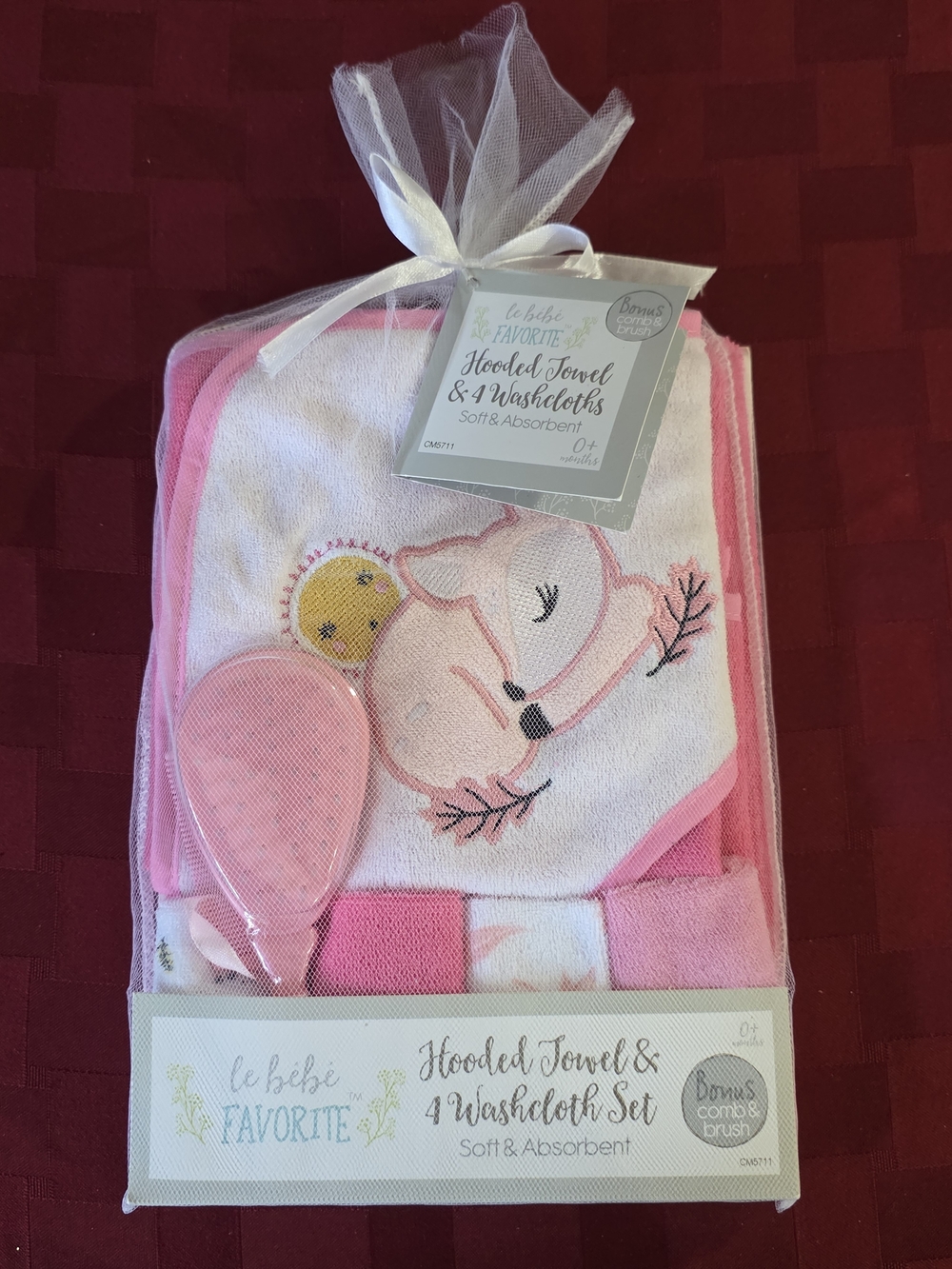 Le Be Be Hooded Towel & 4 Washcloth Set Pink Deer Sun Wood Outdoor NWT 2021 Set
